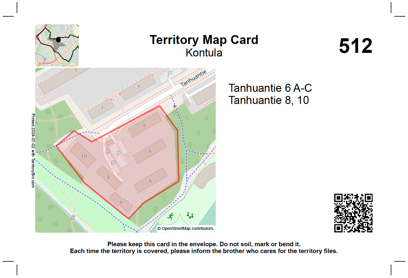 A sample territory card